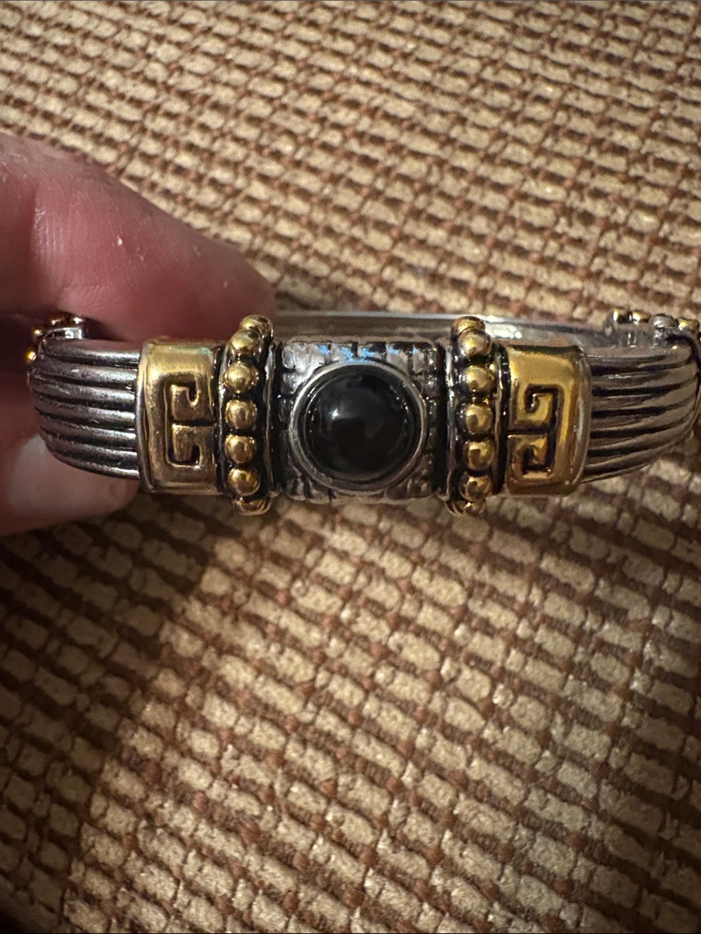 Vintage Egyptian Style Two-Tone Silver & Gold Bracelet with Black Cabochon Stone